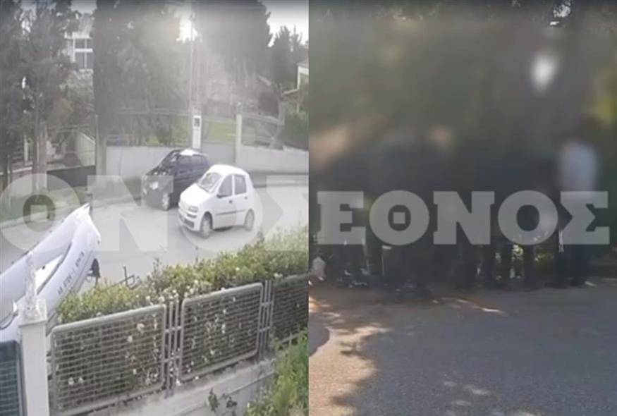 Αριστερά: Η στιγμή του τροχαίου δυστυχήματος - Δεξιά: Συμμαθητές του 15χρονου στο σημείο της σύγκρουσης