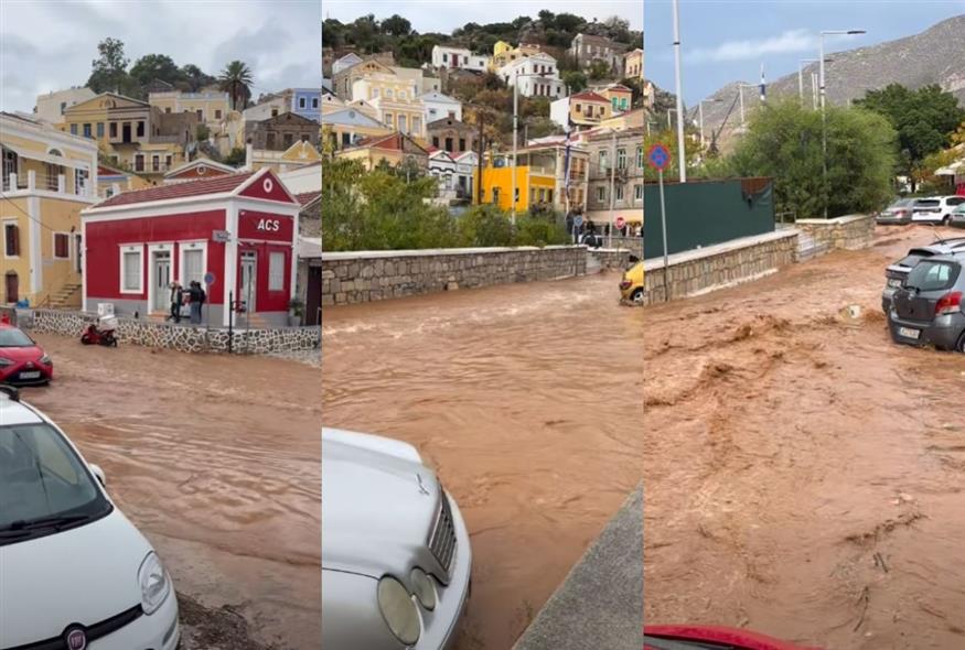 Σύμη: Πλημμυρικά φαινόμενα από την κακοκαιρία (Screenshots/Symitv)