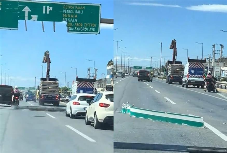 Η στιγμή που φορτηγό χτυπά πινακίδα στον Κηφισό και κινδυνεύει δίκυκλο (Πηγή φωτο: screenshot/Tik Tok)