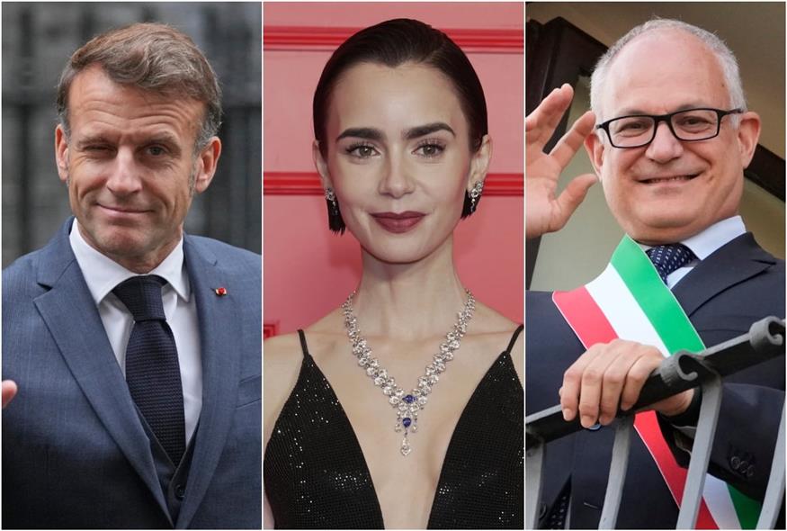 Εμανουέλ Μακρόν - Λίλι Κόλινς - Ρομπέρτο Γκουαλτιέρι (AP)