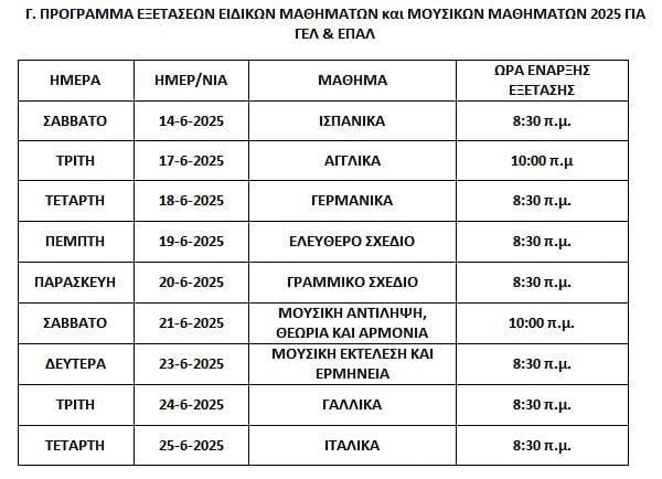 ΠΡΟΓΡΑΜΜΑ ΕΞΕΤΑΣΕΩΝ ΕΙΔΙΚΩΝ ΜΑΘΗΜΑΤΩΝ και ΜΟΥΣΙΚΩΝ ΜΑΘΗΜΑΤΩΝ 2025 ΓΙΑ ΓΕΛ & ΕΠΑΛ