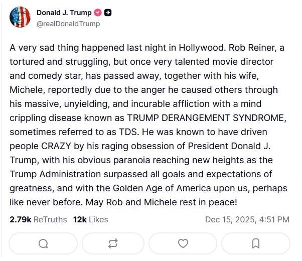 Επίθεση Τραμπ στον Ρομπ Ράινερ μετά τη δολοφονία του (screenshot)