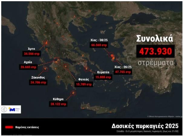 Meteo: Οι 8 μεγαλύτερες πυρκαγιές στην Ελλάδα το 2025