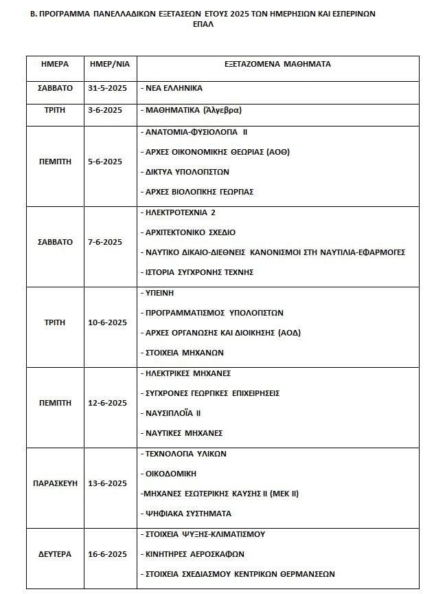 ΠΡΟΓΡΑΜΜΑ ΠΑΝΕΛΛΑΔΙΚΩΝ ΕΞΕΤΑΣΕΩΝ ΕΤΟΥΣ 2025 ΤΩΝ ΗΜΕΡΗΣΙΩΝ ΚΑΙ ΕΣΠΕΡΙΝΩΝ ΕΠΑΛ