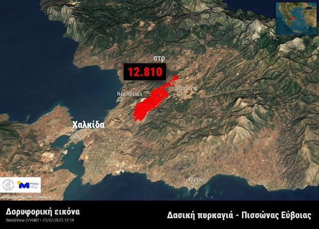 Καμένη δασική έκταση στον Πισσώνα Ευβοίας (Copernicus EMS)