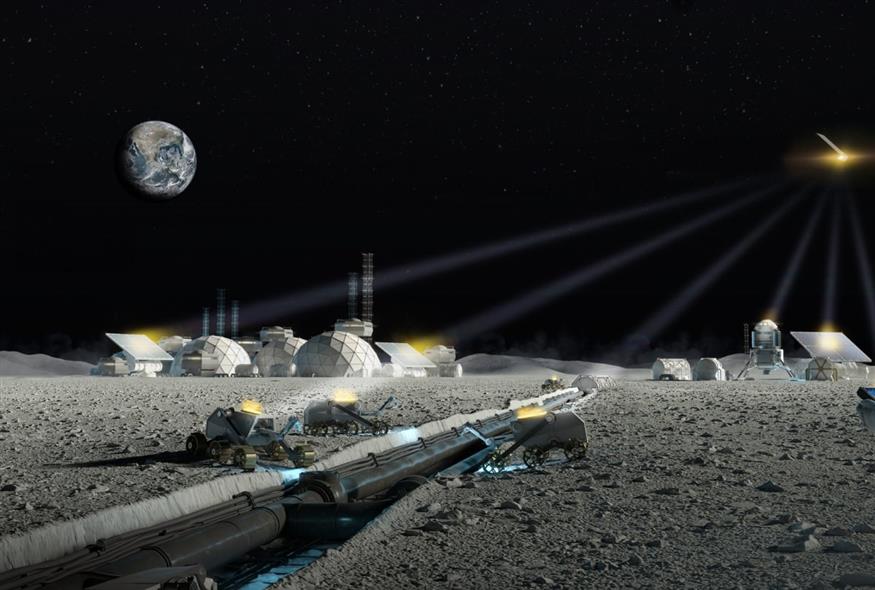 Γραφιστική απεικόνιση του πώς θα μπορούσε να μοιάζει μια σεληνιακή βάση (CesiumAstro/AP)
