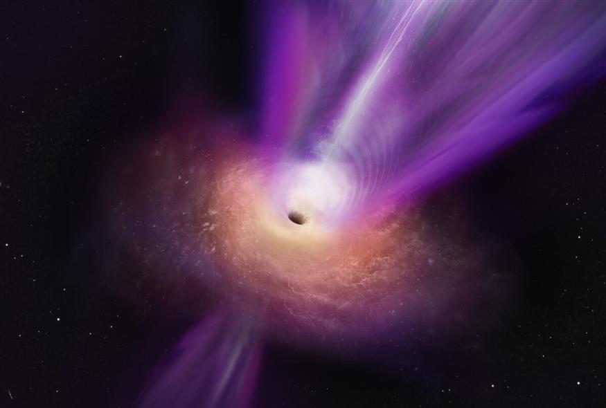 Η εντύπωση ενός καλλιτέχνη από τη μαύρη τρύπα στον γαλαξία Μ87 και τον ισχυρό πίδακά της. Credit: S. Dagnello (NRAO/AUI/NSF)