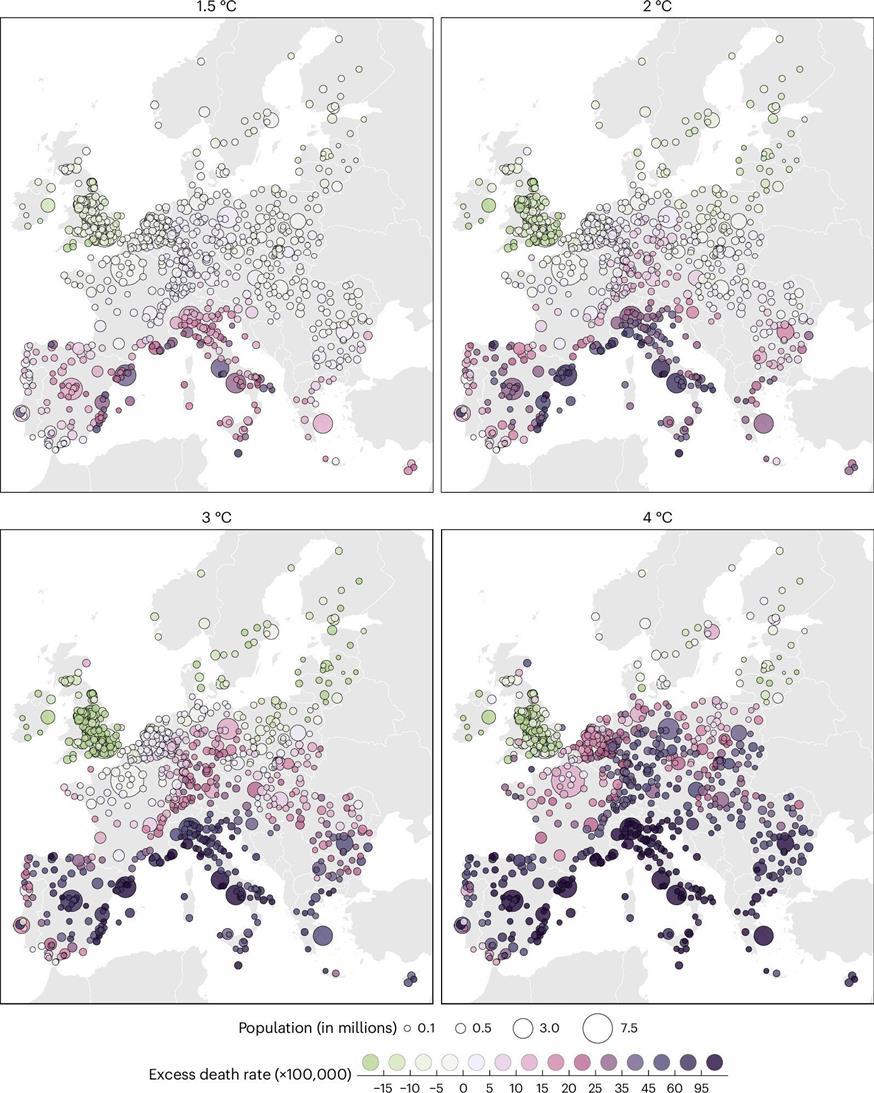 Χάρτης που δείχνει σενάρια θνησιμότητας με αύξηση της θερμοκρασίας από 1,5 βαθμό Κελσίου έως 4 βαθμούς Κελσίου. Το πράσινο χρώμα υποδηλώνει μείωση των επιπλέον θανάτων που σχετίζονται με τη θερμοκρασί