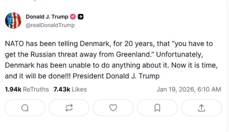 Νέα ανάρτηση του Ντόναλντ Τραμπ στο Truth Social για τη Γροιλανδία