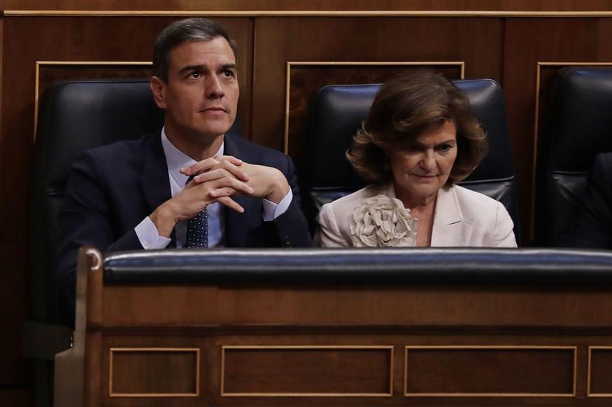Ο Πέδρο Σάντσεθ κατά τη διάρκεια της ψήφου εμπιστοσύνης στον κοινοβούλιο της Ισπανίας (AP Photo/Manu Fernandez)