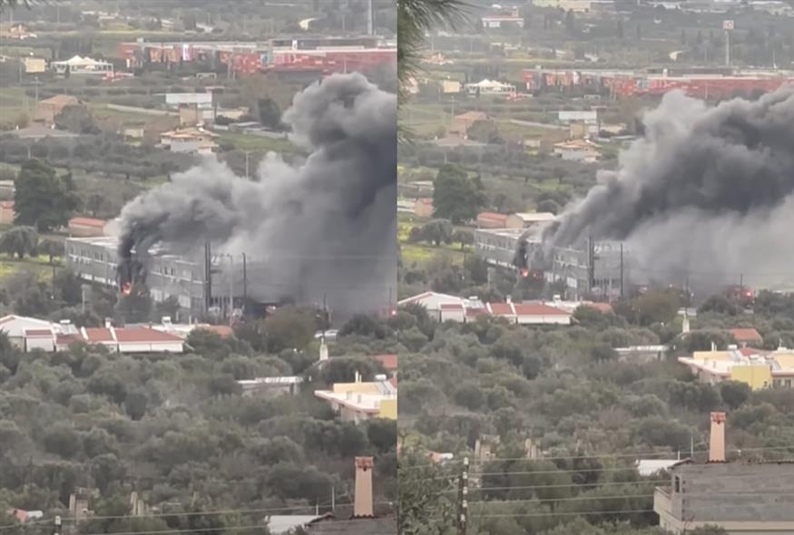 Φωτιά σε αποθήκη γνωστής εταιρείας αθλητικών ειδών στα Σπάτα (Screenshots)