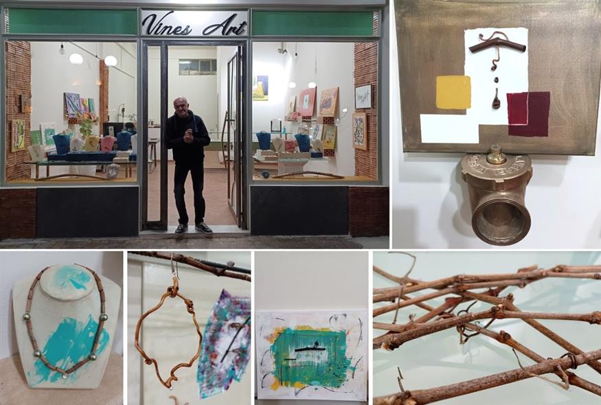 Στο Vine Art ο Χρήστος Λάζαρης δημιουργεί χειροποίητα κοσμήματα και πίνακες από αμπελόκλημα