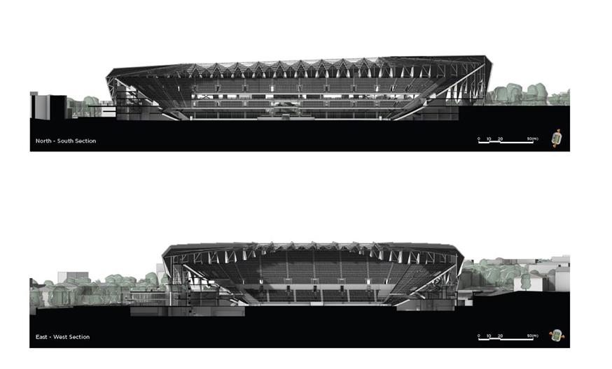 Εγκάρσιες αρχιτεκτονικές τομές του γηπέδου, κατά μήκος και κατά πλάτος