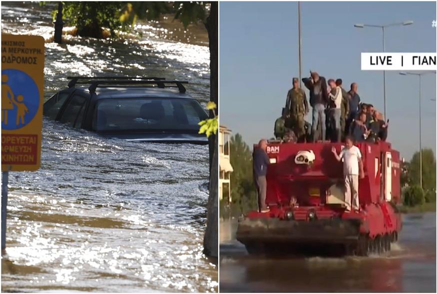 Πλημμύρες στη Λάρισα - Με ερπυστριοφόρο η μεταφορά των ανθρώπων (EUROKINISSI-OPEN)