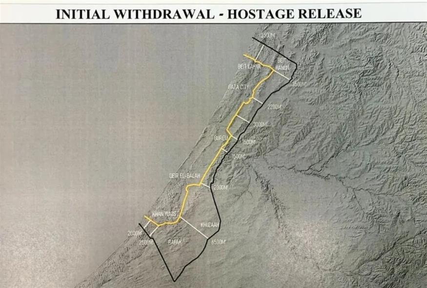 Ο χάρτης με την «κίτρινη γραμμή» αποχώρησης του ισραηλινού στρατού (Χ)