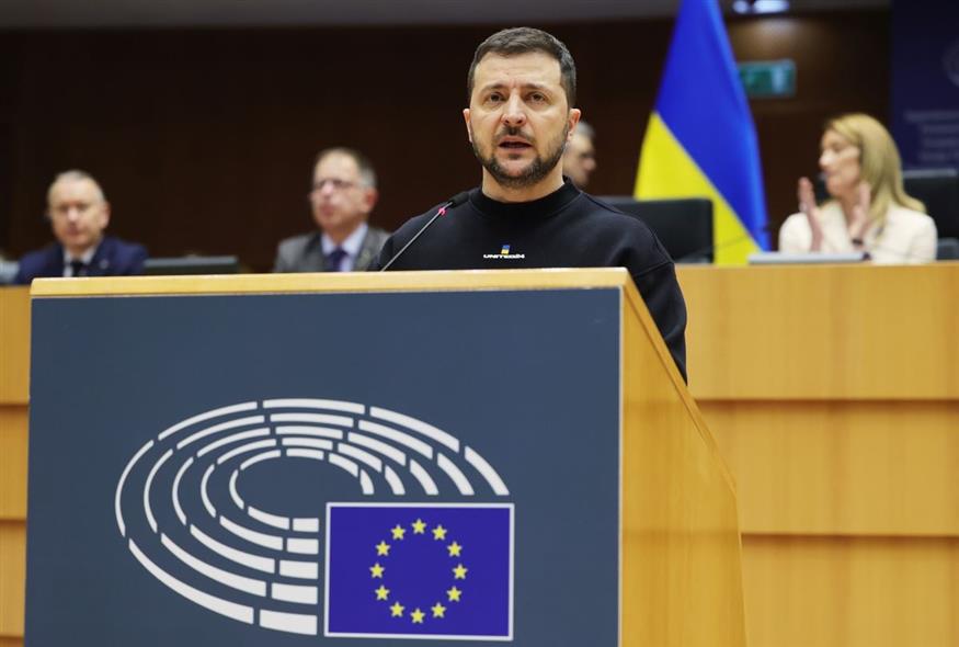 Ομιλία του Ουκρανού προέδρου στο Ευρωκοινοβούλιο (AP Photo/Olivier Matthys)