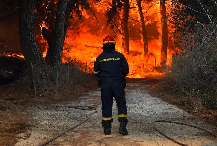 Πυροσβέστης στη μάχη κατάσβεσης φωτιάς στη Λέσβο (Φωτογραφία αρχείου/AP Photo/Yorgos Karahalis)
