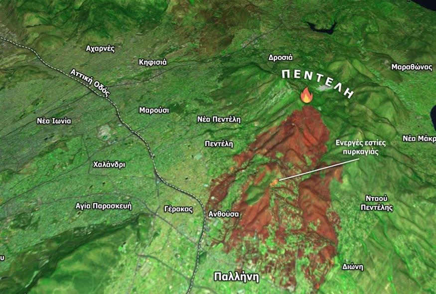 Φωτιά στην Πεντέλη: Δορυφορική εικόνα με τα καμένα στρέμματα/meteo.gr