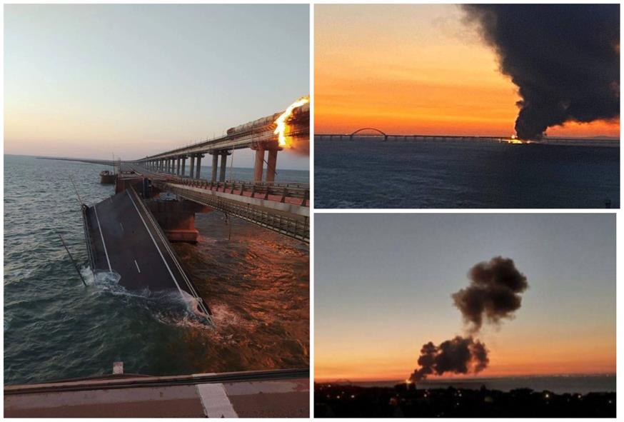 Στιγμιότυπα από τη μεγάλη έκρηξη στη γέφυρα στα στενά του Κερτς/Twitter