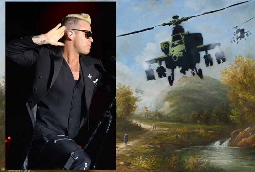 Ρόμπι Γουίλιαμς (AP photo) και το έργο Vandalised Oil (Choppers) του Banksy