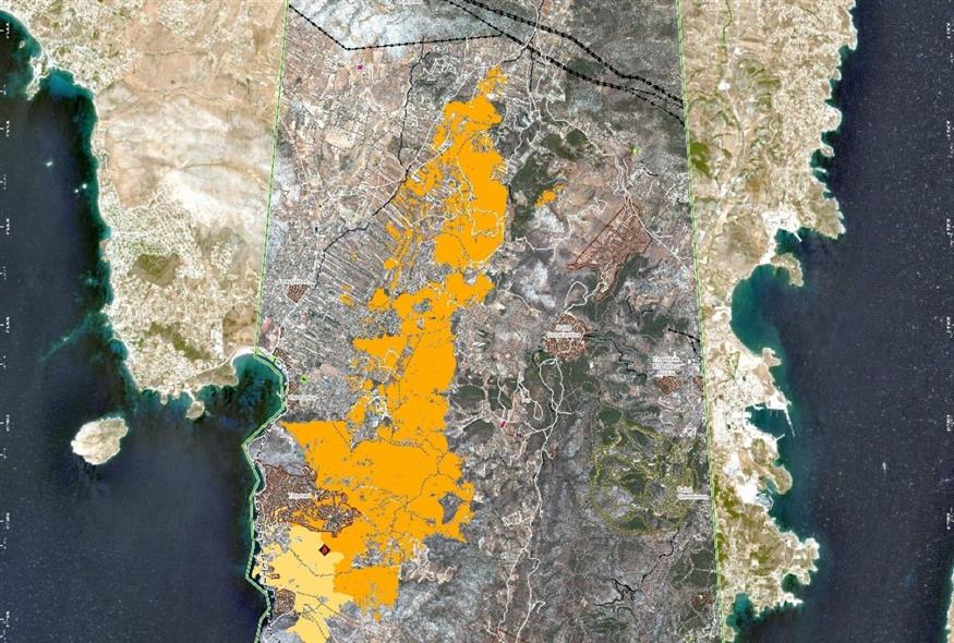 Η έκταση της πυρκαγιάς στην Κερατέα (Πηγή φωτο: Copernicus)