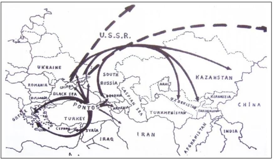 Tο κύμα των προσφύγων του 1922 (χάρτης: 1993. «Η κατάρρευση της Σοβιετικής Ένωσης. Οι συνέπειες για τον Ελληνισμό», Αθήνα Ελλοπία, σελ 162)