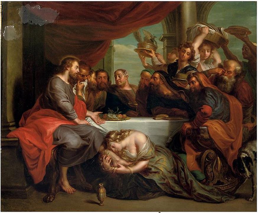 H Mαρία Μαγδαληνή, η εν πολλαίς αμαρτίαις, πλένει με τα δάκρυά της τα πόδια του Ιησού (πίνακας του Jacob Andries Beschey)