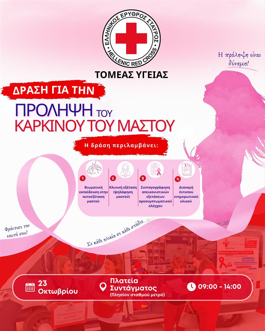 Ελληνικός Ερυθρός Σταυρός: Δράση ενημέρωσης και ευαισθητοποίησης για τον καρκίνο του μαστού στην Πλατεία Συντάγματος Ελληνικός Ερυθρός Σταυρός: Δράση ενημέρωσης και ευαισθητοποίησης για τον καρκίνο του μαστού στην Πλατεία Συντάγματος