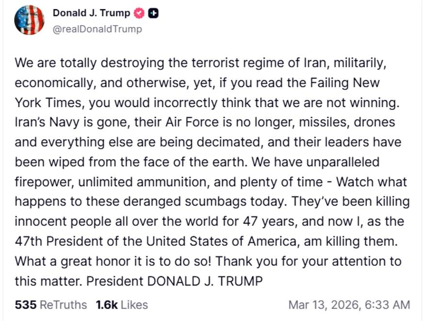 Ανάρτηση Τραμπ στο Truth Social