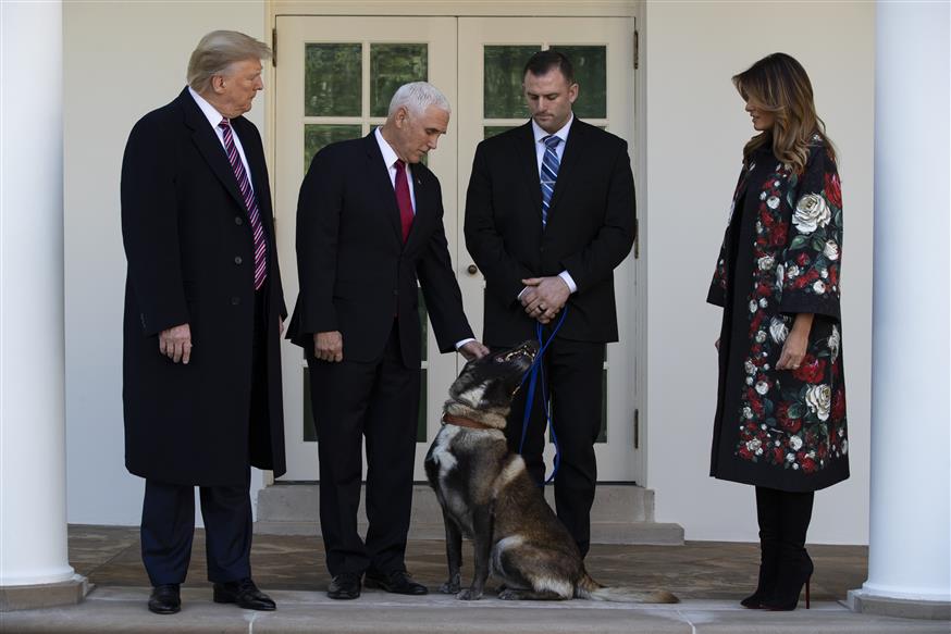 Ο Τραμπ παρασημοφόρησε τον σκύλο Κόναν/(AP Photo/ Evan Vucci)