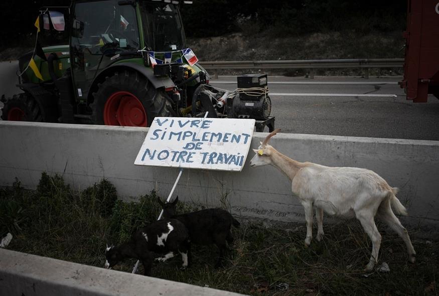 Μήνυμα αγροτών που διαμαρτυρούνται στη Γαλλία (AP Photo/Daniel Cole)