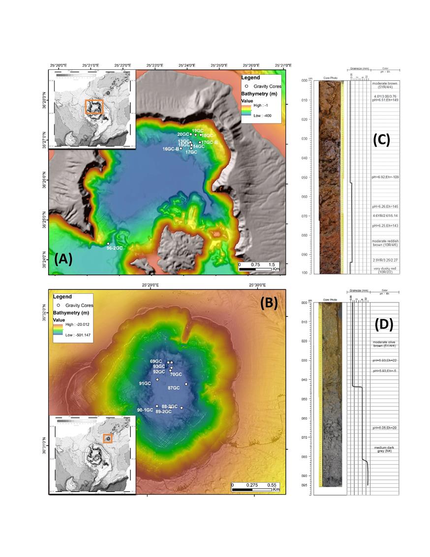 Βαθυμετρικοί χάρτες της καλντέρας της Σαντορίνης και του ηφαιστείου Κολούμπου που δείχνουν τις ακριβείς θέσεις των δειγμάτων που συλλέχθηκαν για μικροβιολογικές αναλύσεις