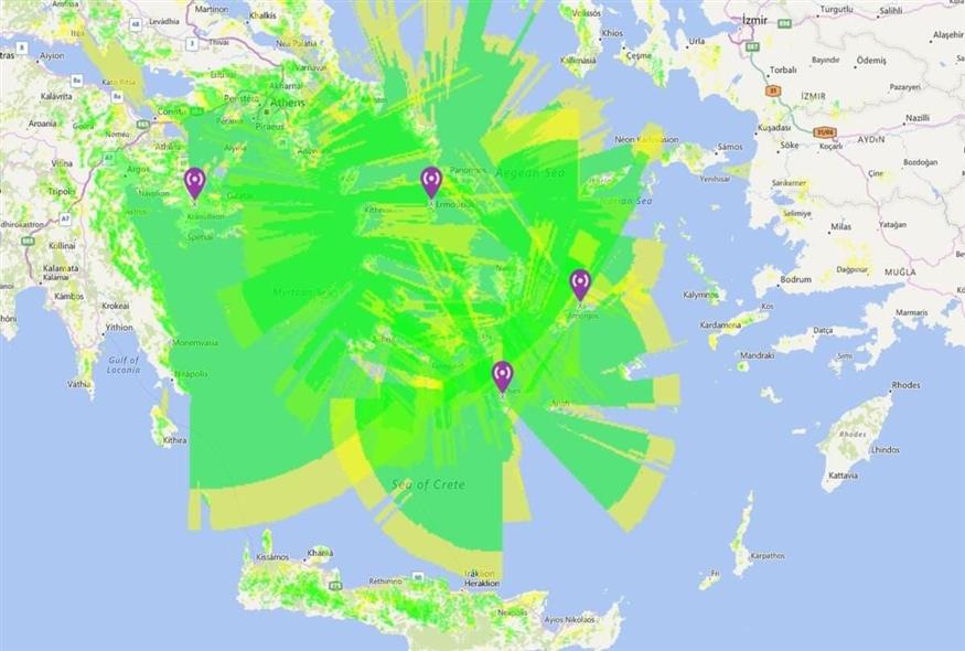 Χάρτης με τις εμβέλειες των αναμεταδοτών και επαναληπτών σε όλες τις Κυκλάδες