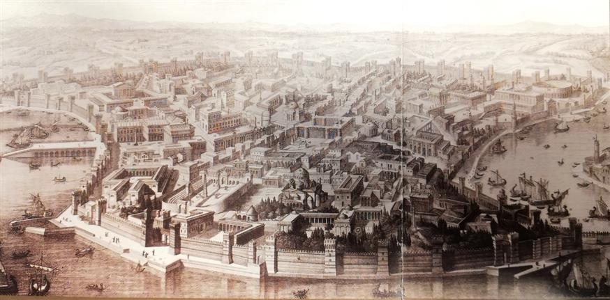 "Πανόραμα" της Κωνσταντινούπολης στην εποχή του Κωνσταντίνου. Χαλκογραφία Luigi Castellari. Δωρεά Γ. Κιουρτζιάν