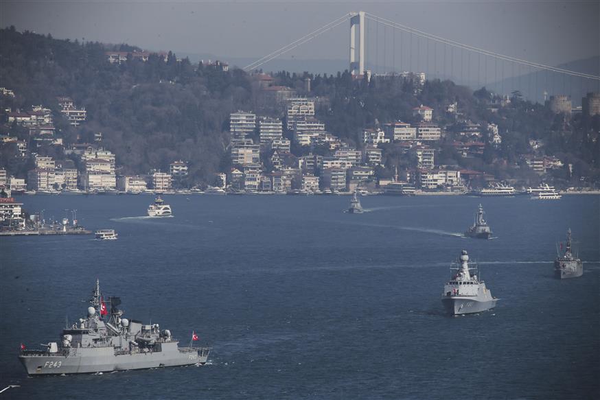 Τουρκικά πλοία παίρνουν μέρος στην άσκηση Γαλάζια Πατρίδα τον Μάρτιο του 2019 (Can Erok/DHA via AP)