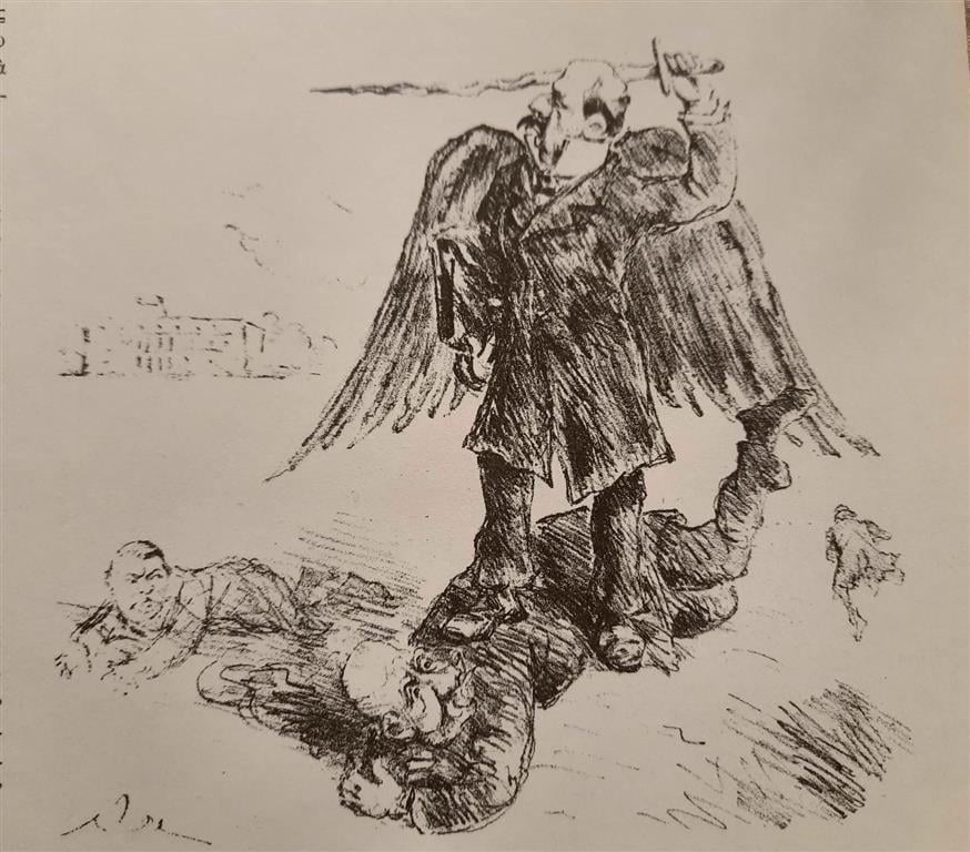 Σκίτσο της εποχής με τον Δηλιγιάννη στα πόδια του Τρικούπη