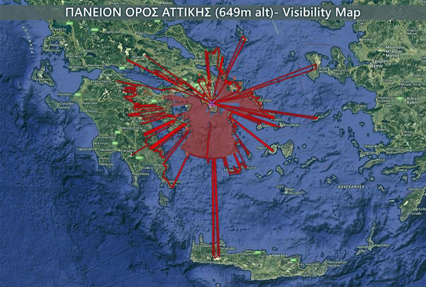 Χάρτης που απεικονίζει επακριβώς (και με βάση την καμπυλότητα της Γης) τα σημεία εδάφους που είναι ορατά απο την κορυφή του Πανείου Όρους Αττικής (σε συνθήκες απόλυτης ατμοσφαιρικής διαύγειας) Χάρτης που απεικονίζει επακριβώς (και με βάση την καμπυλότητα της Γης) τα σημεία εδάφους που είναι ορατά απο την κορυφή του Πανείου Όρους Αττικής (σε συνθήκες απόλυτης ατμοσφαιρικής διαύγειας)
