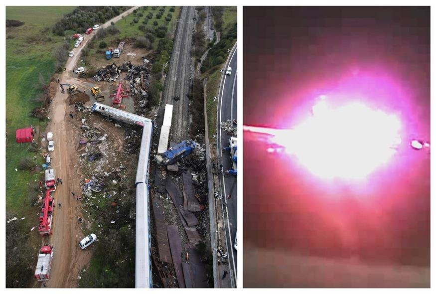 Έκρηξη μετά την σύγκρουση των τρένων στα Τέμπη (AP - ΕΡΤ)