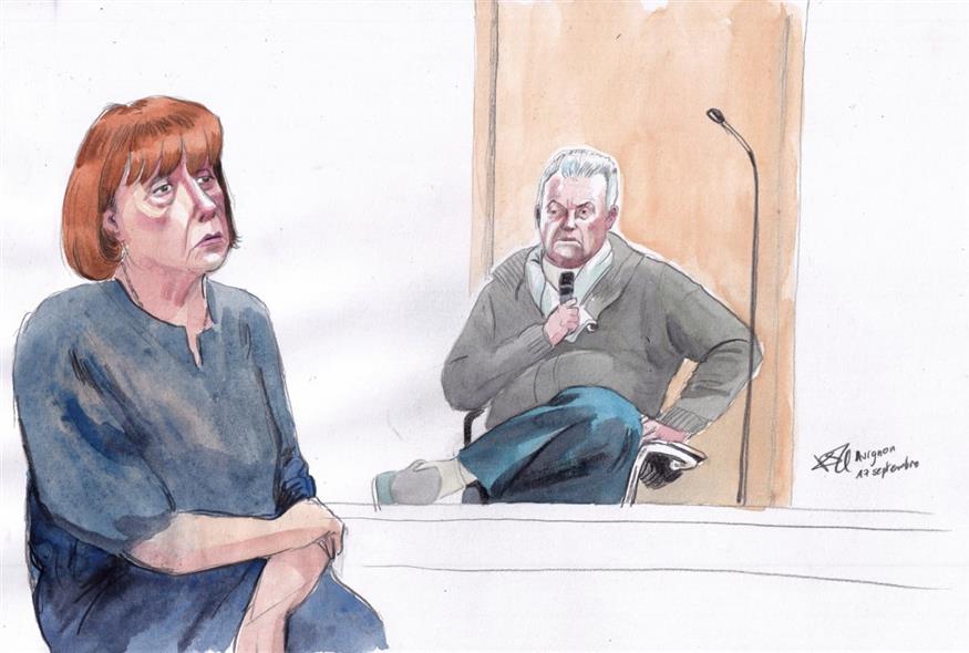 Σκίτσο της αίθουσας του δικαστηρίου δείχνει την Gisele Pelicot, αριστερά, και τον πρώην σύζυγό της Dominique Pelicot, δεξιά (AP)