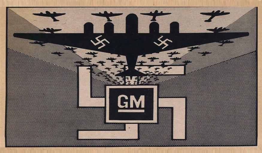 Σκίτσο της εποχής του πολέμου με το λογότυπο της GM μέσα στη σβάστικα