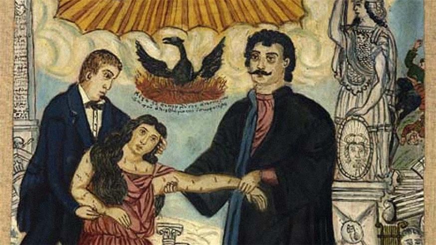 Κοραής και Ρήγας βοηθούν την Ελλάδα να σταθεί στα πόδια της. Έργο του λαϊκού Λέσβιου ζωγράφου Θεόφιλου Χατζημιχαήλ