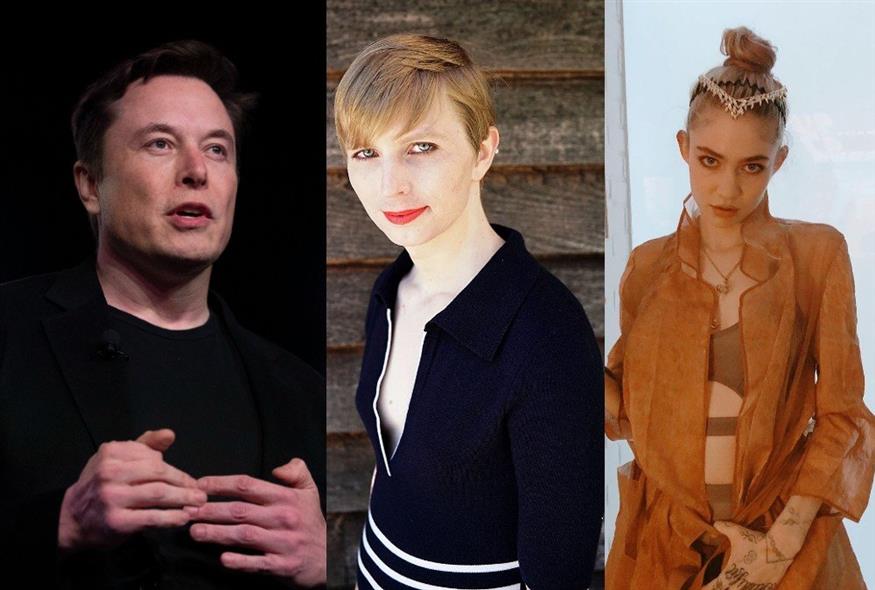 (Από αριστ.) Ελον Μασκ (AP), Τσέλσι Μάνινγκ (Wikipedia) και Grimes (Instagram)