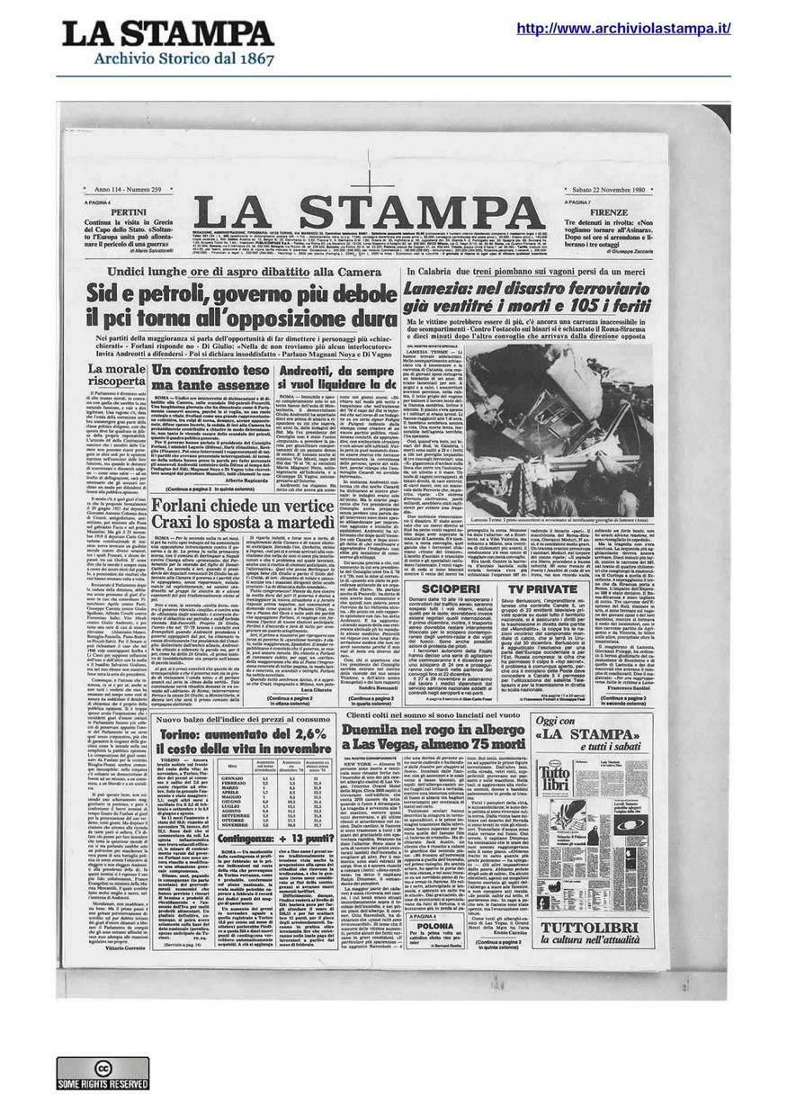 Δημοσίευμα της πρώτης έκδοσης της La Stampa για το δυστύχημα της Λαμέτσια Τέρμε της περιφέρειας της Καλαβρίας