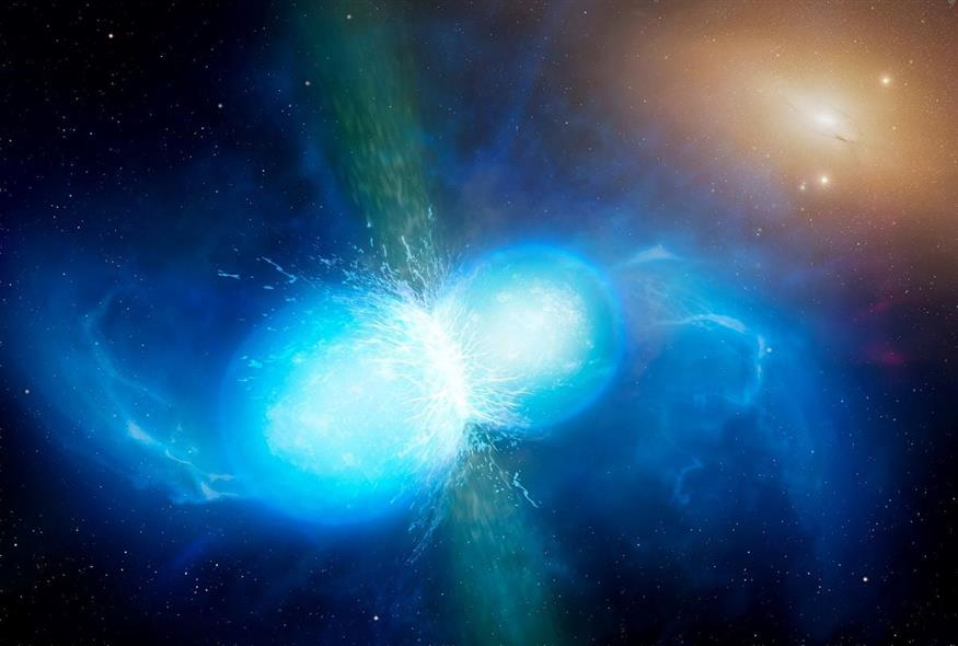 Καλλιτεχνική απεικόνιση αστέρων νετρονίων που συγχωνεύονται, παράγοντας βαρυτικά κύματα και καταλήγοντας σε μια έκρηξη kilonova (University of Warwick/Mark Garlick)
