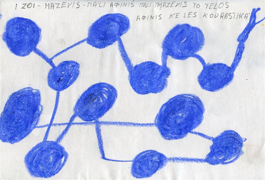 Από το εργαστήριο του Δημήτρη Αμελαδιώτη, σελίδα τετραδίου εκπαιδευόμενης από το project «Ο κύκλος εις τον Κύβον», με σχέδια και ζωγραφιές κύκλο, κύβο, φωλιά, κουβάρι, ήλιο σε μπλε τετράδιο