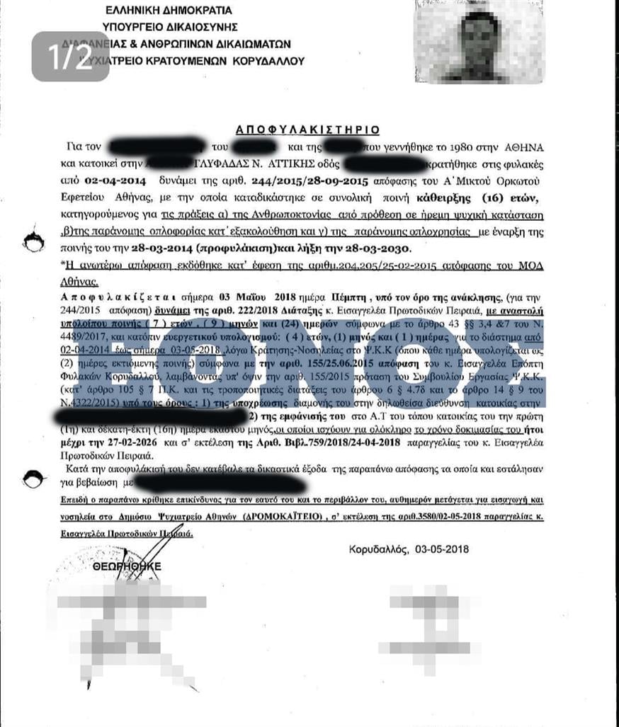 Το έγγραφο αποφυλάκισης του πατροκτόνου στη Γλυφάδα, το 2018