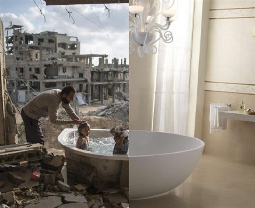 Ένα μπάνιο στην κατεστραμμένη Συρία και δίπλα ένα που βρίσκεται σε κάποιο λοφτ (Ugur Gallen)