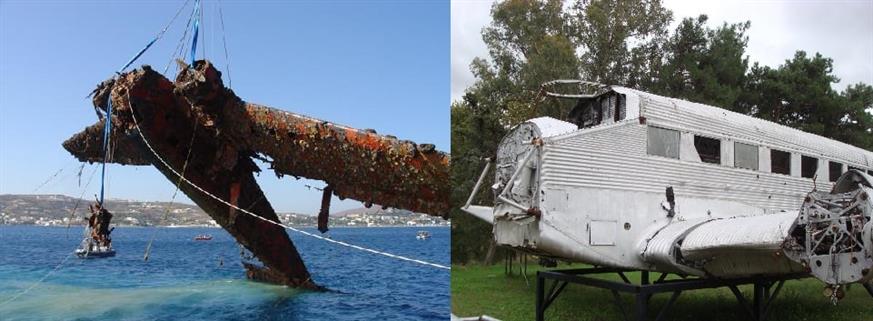 Ένα γερμανικό Γιούνκερς 52 (Ju 52) καταρρίφθηκε στον κόλπο των Αλίντων. Αριστερά η ανέλκυσή του στις 3 Οκτώβρη 2003 και δεξιά το Ju 52, όπως είναι σήμερα και βρίσκεται στο Τατόι.