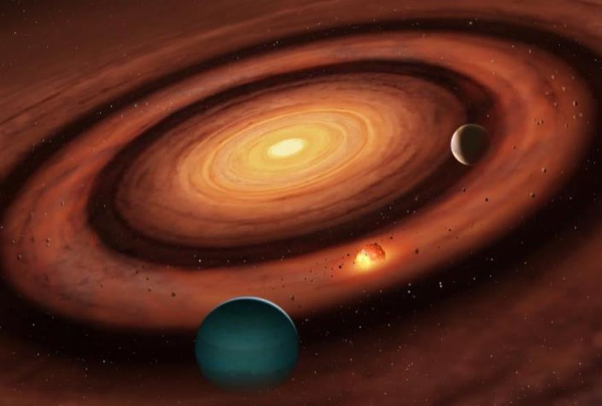 Καλλιτεχνική απεικόνιση του τρόπου με τον οποίο μπορούν να σχηματιστούν μικροί πλανήτες ανάμεσα σε δύο μεγαλύτερους. Credit: University of Warwick/Mark A. Garlick