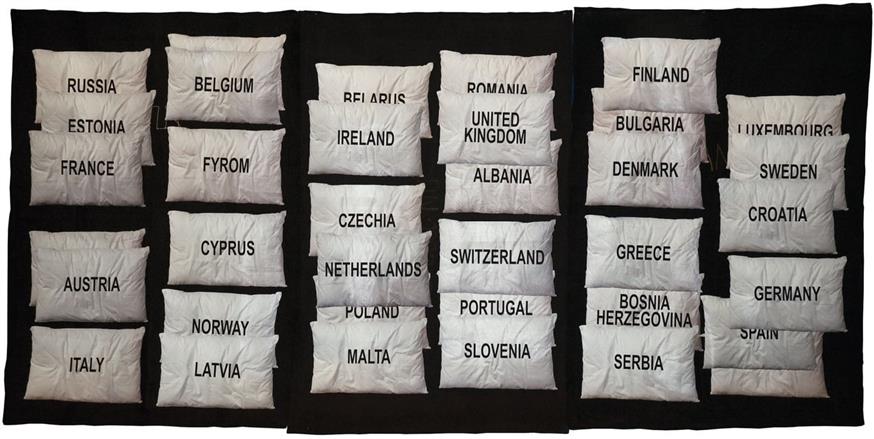 Γιώργος Χαρβαλιάς, Εuropa, Kράτη-μαξιλάρια, 1993-1994, τυπώματα σε κουβέρτες του πολεμικού ναυτικού.